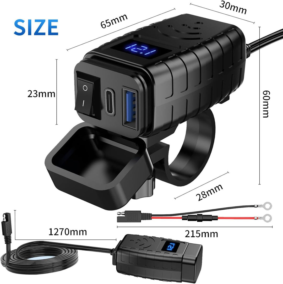 Motorrad Handy Ladegerät 12-24V mit Hochstrom PD QC3.0 Port Digital Voltmeter Anzeige und Schalter S