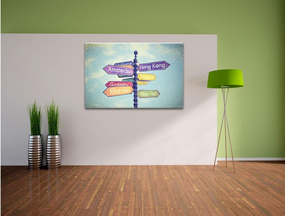 Pixxprint Städte Wegweiser Kunst Buntstift Effekt, Format: 100x70 auf Leinwand, 100x70