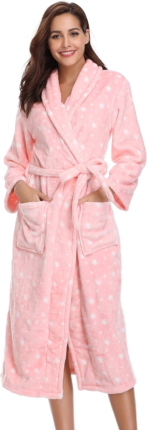 Vlazom Winter Bademantel weicher Flanell Bademantel Damen Saunamantel mit Kapuze Flauschiger Morgenm
