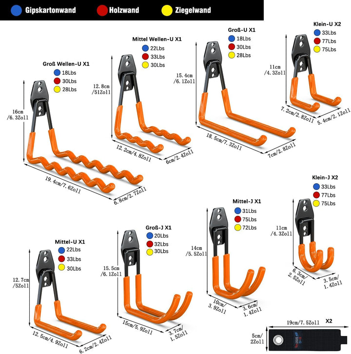 3-H 12 Stück Wandhaken Garage Haken, Schwerlast Doppelhaken Multi Grösse Garage Storage Hooks für Le