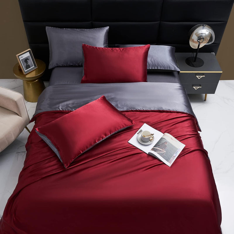 Luofanfei Weinrote Bettwäsche 220x240 cm Satin Glanzsatin Sommer Glänzend Bettwäsche Set Rot Uni Mus