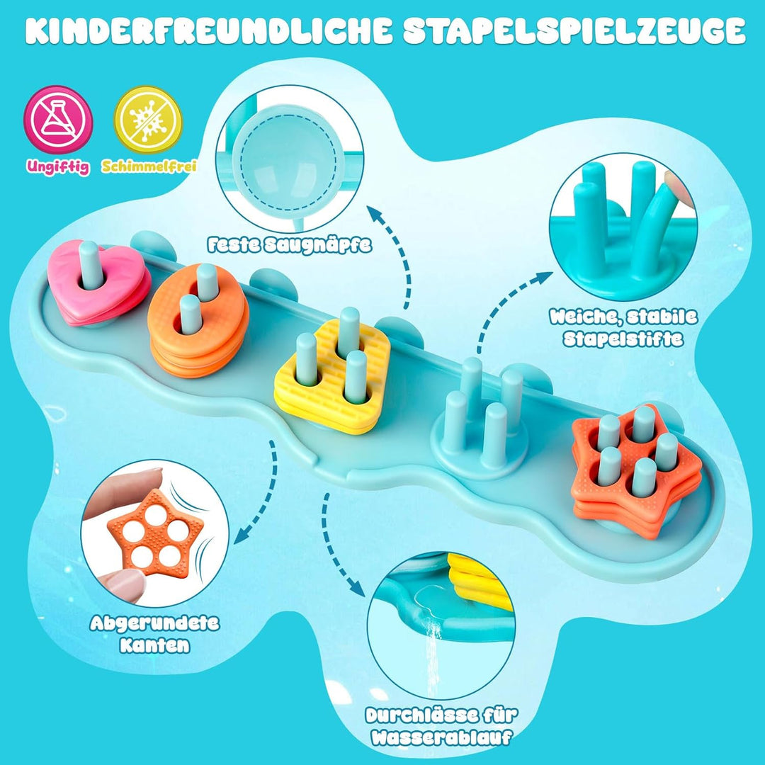 JoiTale Baby Badespielzeug, Schimmelfreies Silikon-Sortier- und Stapelspielzeug-Set für Kinder ab 1