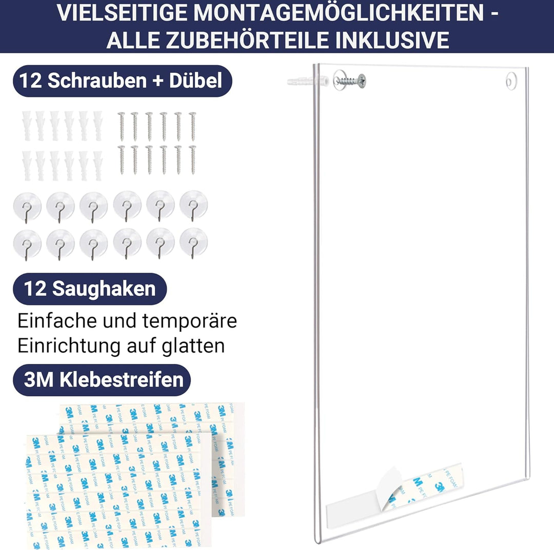Acryl Schildhalter A4, 6 Stück, Transparenter Rahmen Papierhalter mit mehreren Befestigungsoptionen