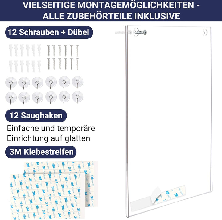 Acryl Schildhalter A4, 6 Stück, Transparenter Rahmen Papierhalter mit mehreren Befestigungsoptionen