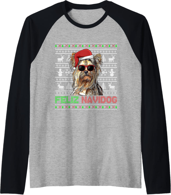 Yorkshire Terrier Hund Feliz Navidog Funny Christmas Raglan