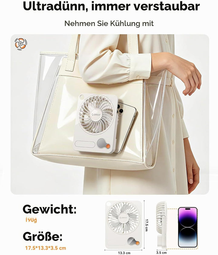 ORICO DoFan USB Tischventilator mit 3200 RPM, 3600mAh Akku &amp; LED Nachtlicht, 180° Flexibler Halterun