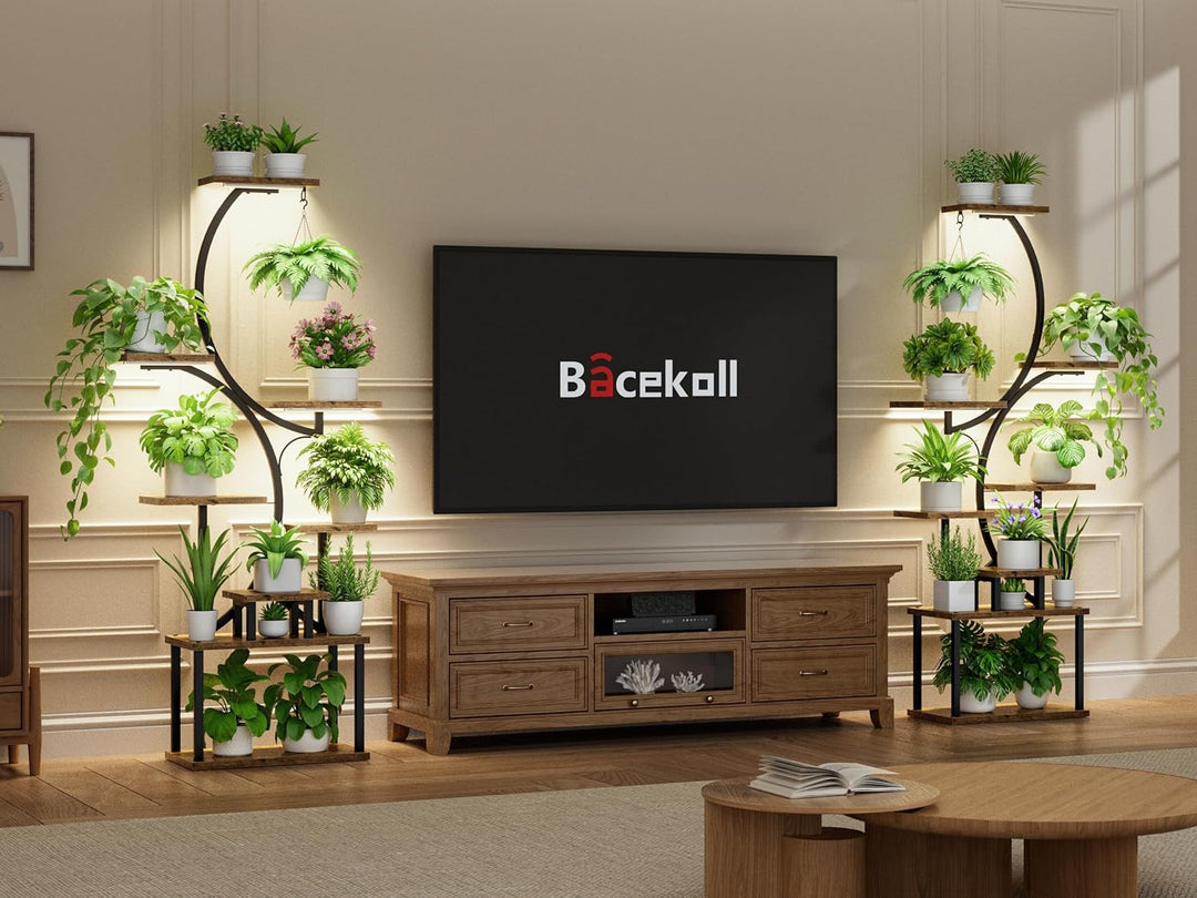 BACEKOLL Pflanzenständer mit Wachstumslicht - 8 Ebenen Blumenständer 157cm Metall Holz Pflanzenregal