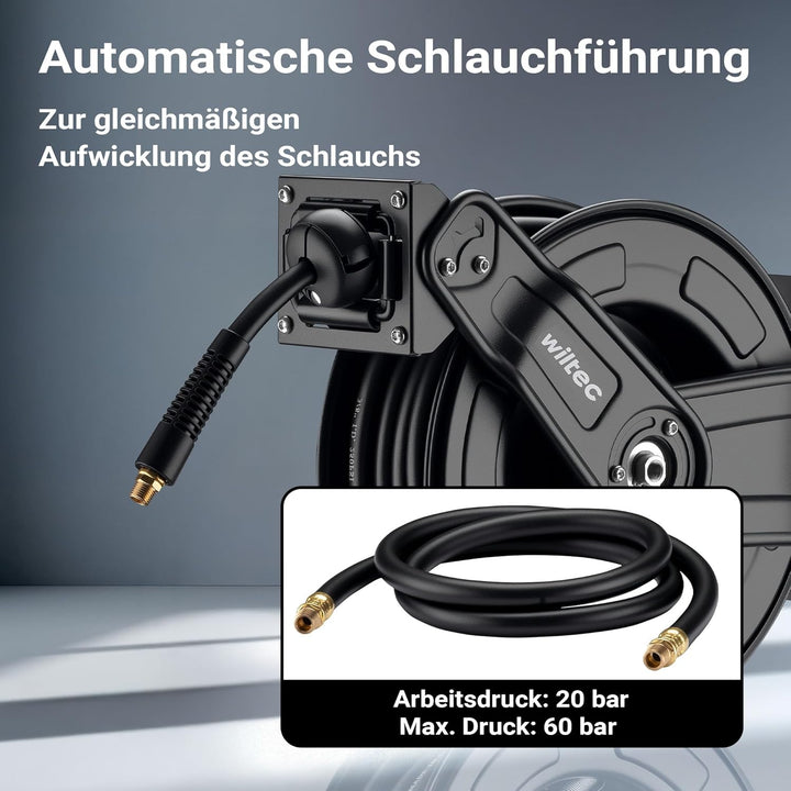 Wiltec Druckluft Schlauchtrommel 15 m, automatische Druckluftschlauchtrommel Stahl, 20 bar Druckluft