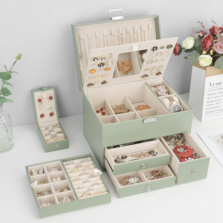 Schmuckkästchen, 3 Ebenen grosser PU Leder Reise Schmuckschatulle mit tragbarer Mini-Box für Reisen,