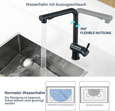 Wasserhahn Küche Schwarz Matt Hochdruck Spültischarmatur Küchenarmatur mit Brause Ausziehbar 360° Sc