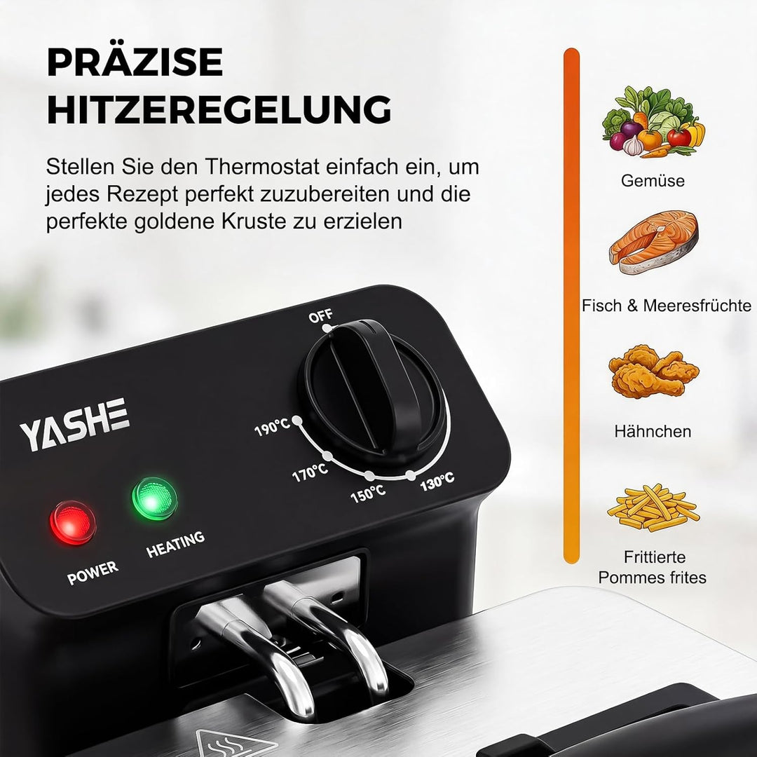 Fritteuse, 3L Elektrische Fritteuse mit Sichtfenster, 2000 W Edelstahl Fritteuse mit Temperaturregel