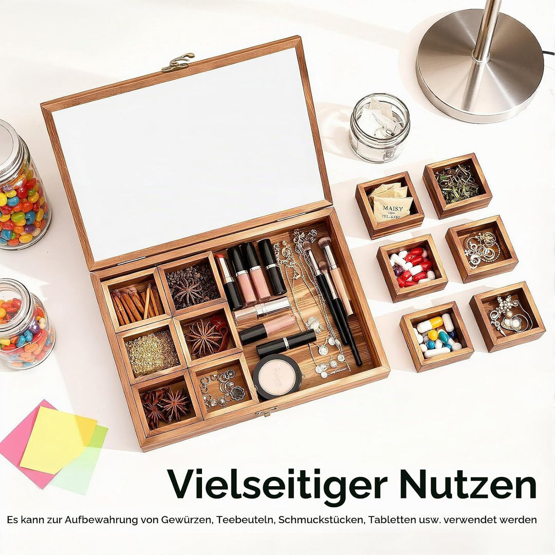 Handgefertigte Indische Masala Dabba Gewürzbox aus Holz mit Glasdeckel,Gewürzbox mit 12 nicht heraus