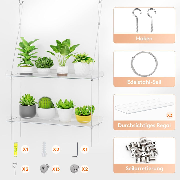 Lifewit Wandregal Blumentopf, 3 Stufen Transparent Vertiefung Kunststoff Pflanzenregal Schwimmende f