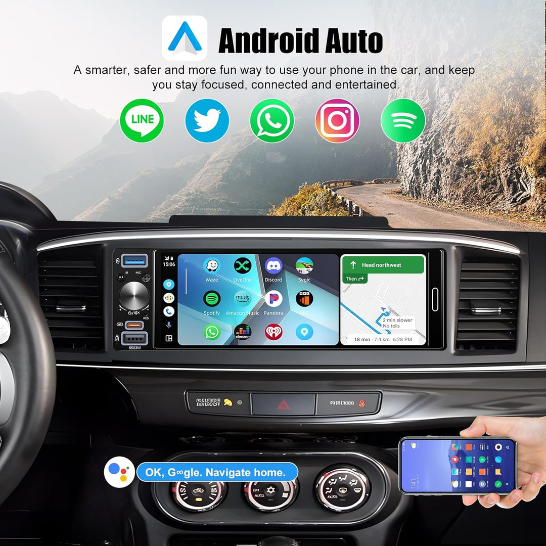 CAMECHO Autoradio 1 Din Wireless Carplay Android Auto Radio Bluetooth 5.2 mit Rückfahrkamera, 6.5 Zo