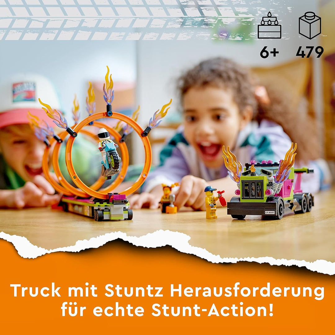 LEGO 60357 City Stuntz Stunttruck mit Feuerreifen-Challenge, mit schwungradbetriebenem Motorradspiel