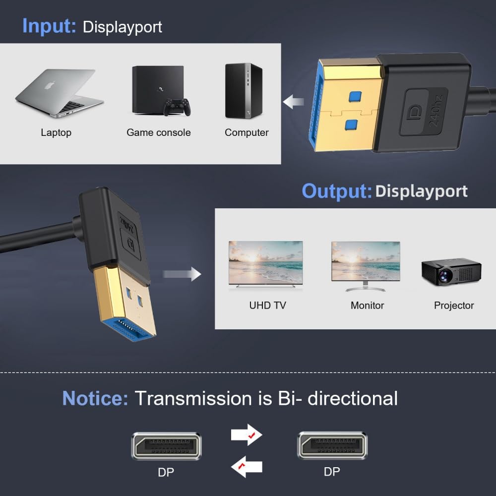 CY Cable Ultrafein nach oben abgewinkeltes DisplayPort 1.4 DP-zu-DP-Kabel 8K 60 Hz Kabel Ultra-HD UH