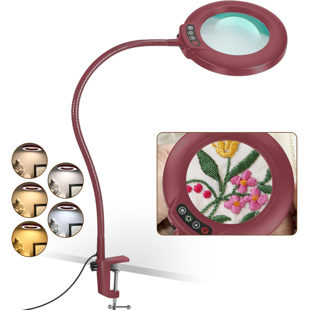 Veemagni 12X Lupe mit Licht und Klemme, Echtes Glas Lupenlampe, 5 Farbmodi Stufenlos Dimmbare, 23 Zo