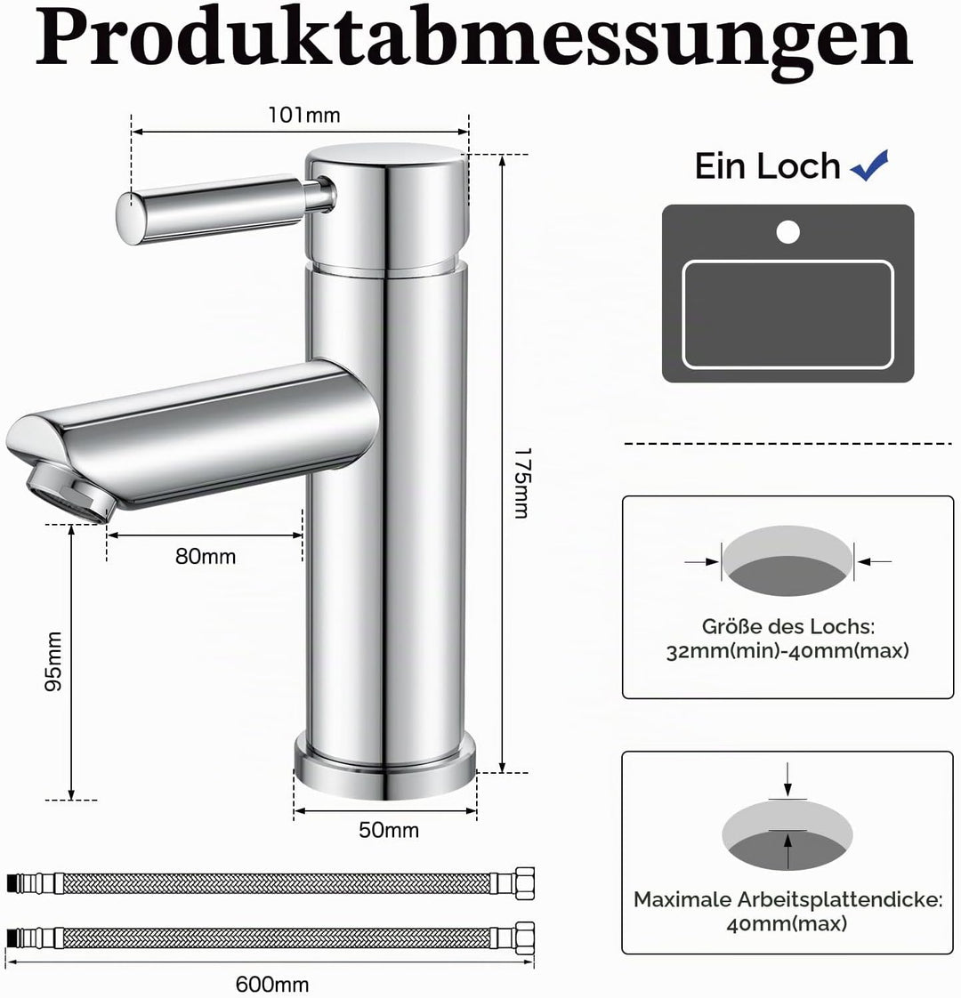 kisimixer Wasserhahn Bad, 304 Edelstahl Waschtischarmatur Mischbatterie Waschbecken Armaturen, Einhe