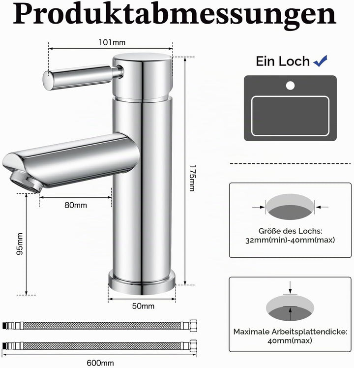 kisimixer Wasserhahn Bad, 304 Edelstahl Waschtischarmatur Mischbatterie Waschbecken Armaturen, Einhe