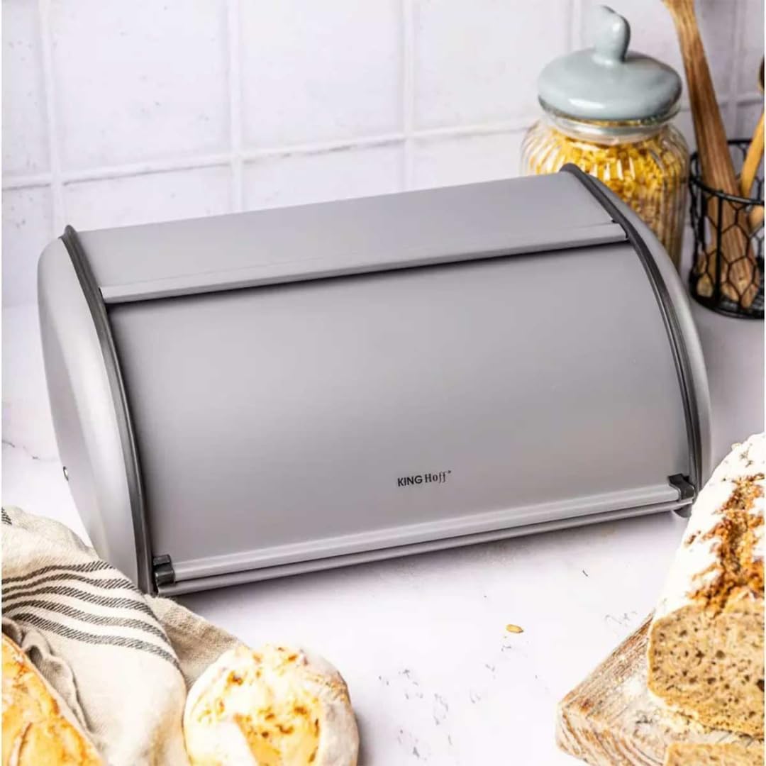 KING HOFF Brotkasten Brotbox Brotbehälter Brotdose aus Stahl (Grau Gross), Grau Groß