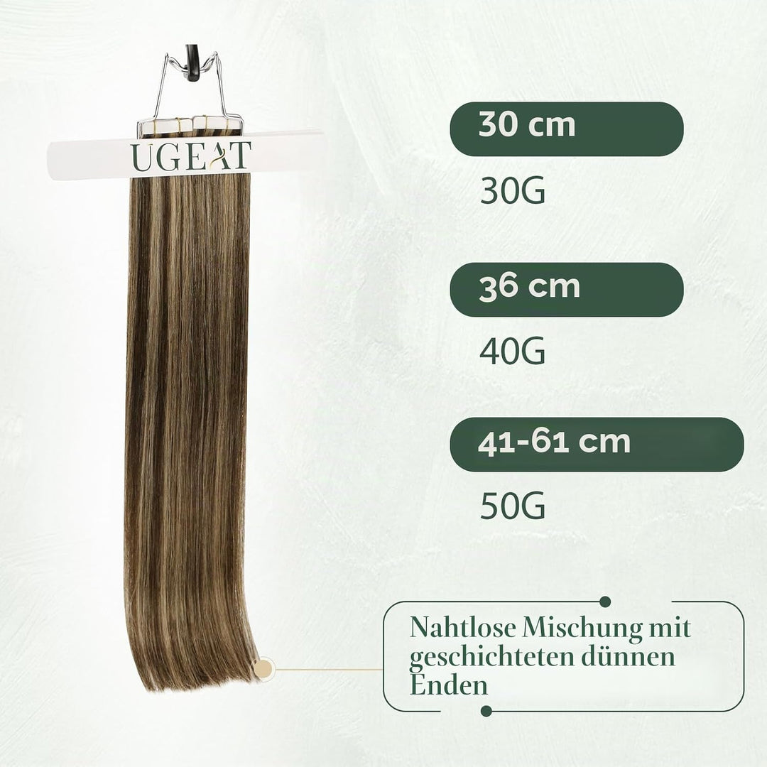 Ugeat 55cm Tape in Extensions Echthaar Gesträhnt Dunkelbraun mit Karamell P4/27 Extension Echthaar T