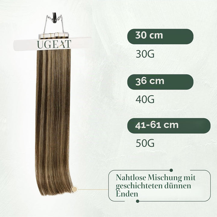 Ugeat 55cm Tape in Extensions Echthaar Gesträhnt Dunkelbraun mit Karamell P4/27 Extension Echthaar T
