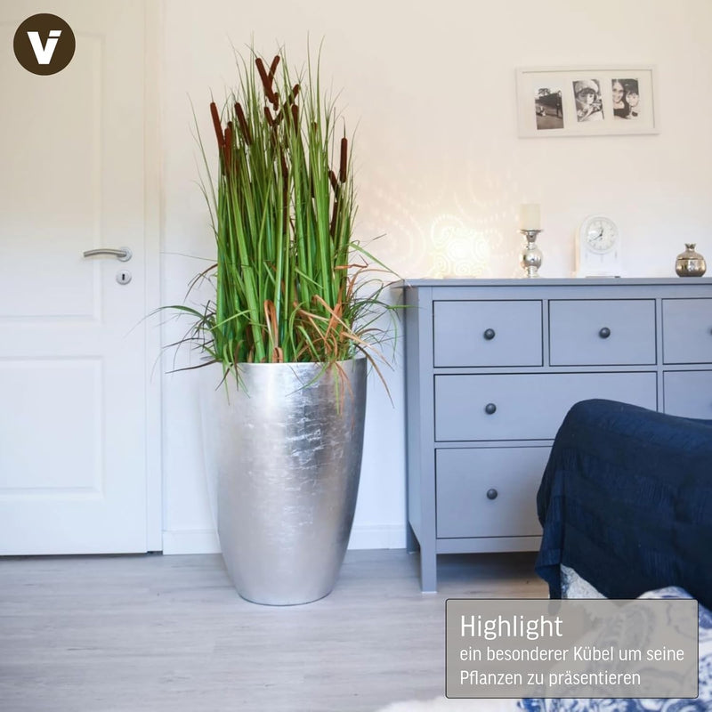 VIVANNO Pflanzkübel Pflanzgefäss Blumenkübel exklusiv Fiberglas Silber Opala - 72 x 52 cm