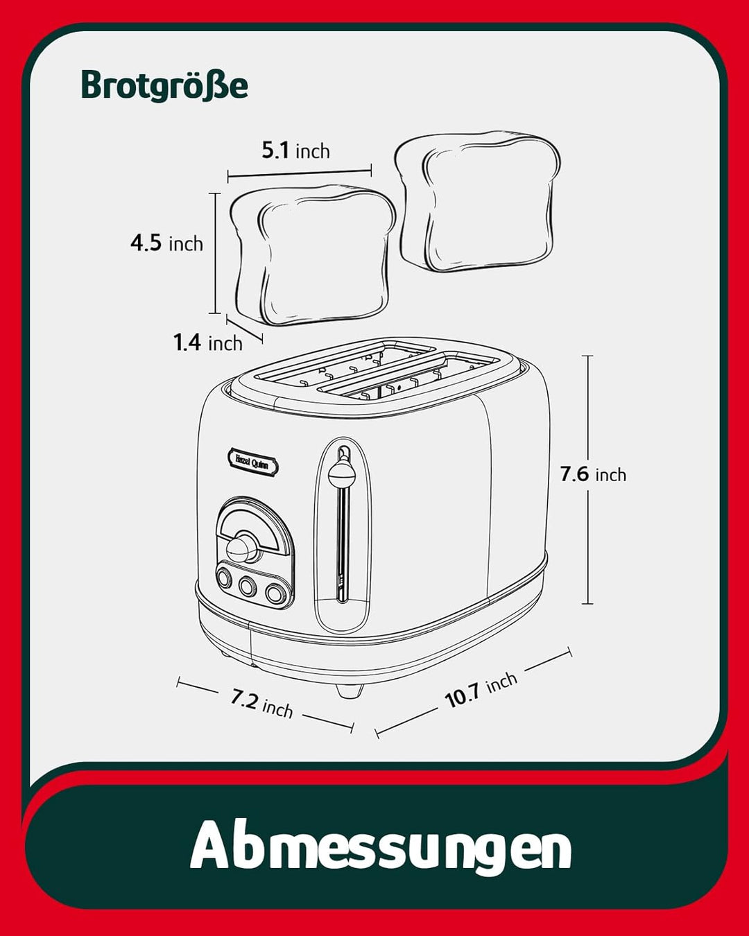 Hazel Quinn Retro 2 Scheiben Toaster, Edelstahl, Vintage Toaster, 6 variable einstellbare Bräunungss