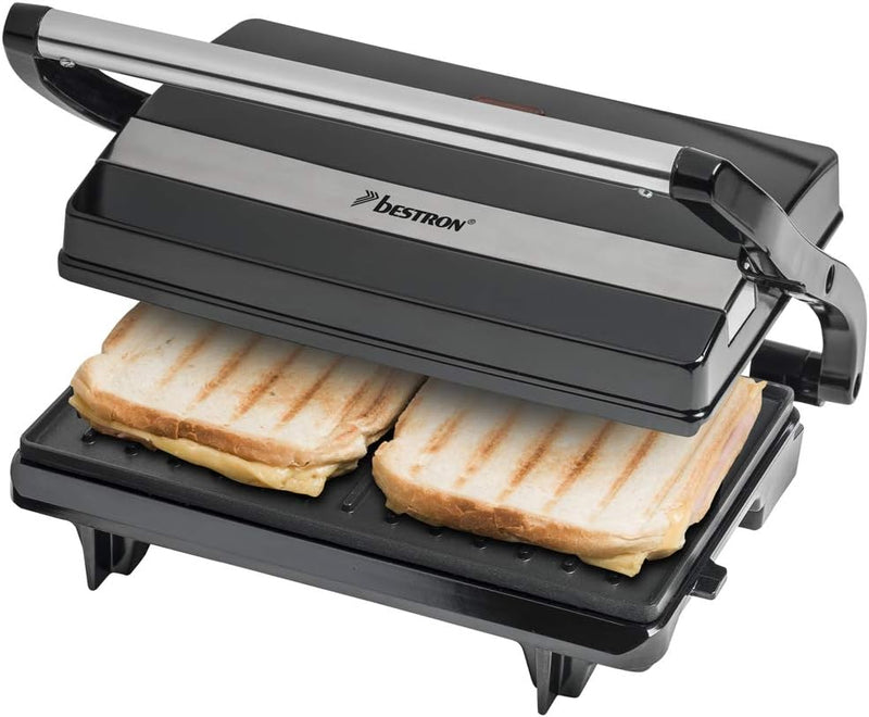 Bestron elektrischer Kontaktgrill mit Auffangschale, Sandwichmaker mit Cool-Touch-Handgriff, Paninim