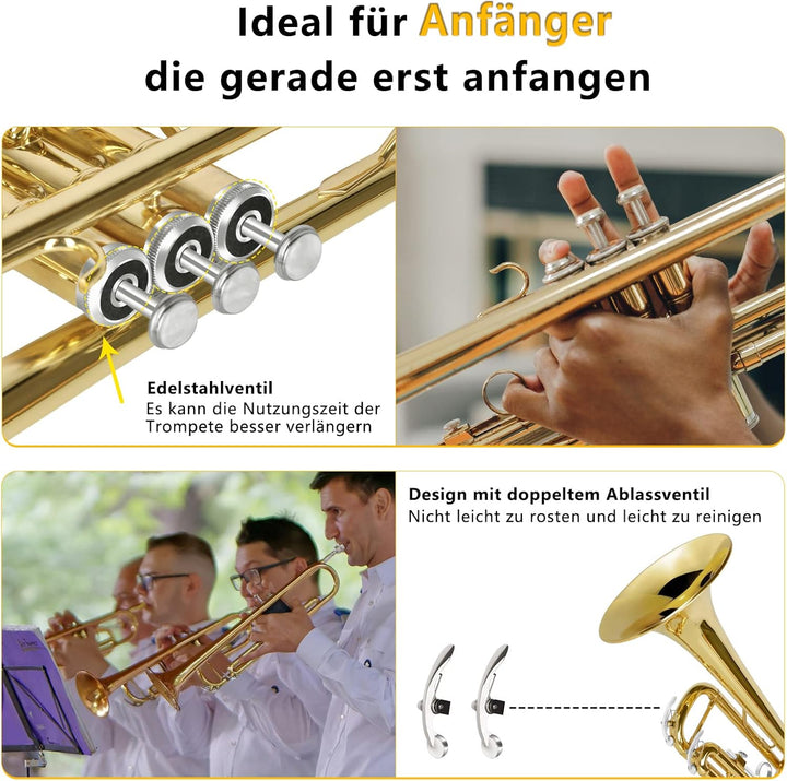 EASTROCK Standard Trompeten Set Standard-Bb-Messing Trompete Mit Hartschale, Handschuhen, Stoff,7C T