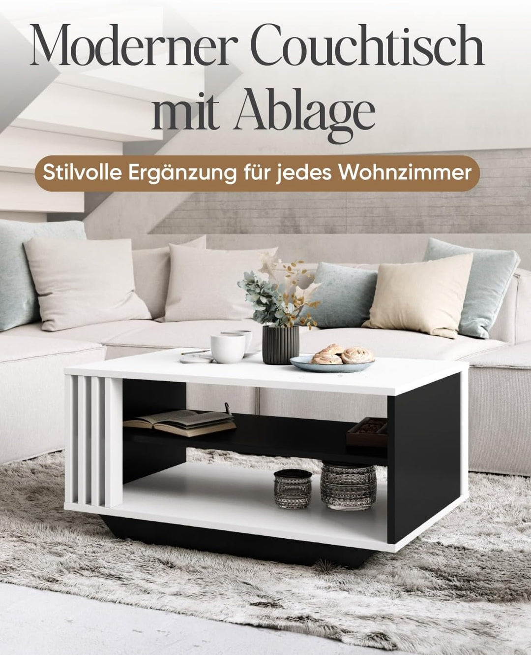 Viosimc Couchtisch, Wohnzimmertisch mit modernen Lamellen, moderner und stilvoller rechteckiger Kaff