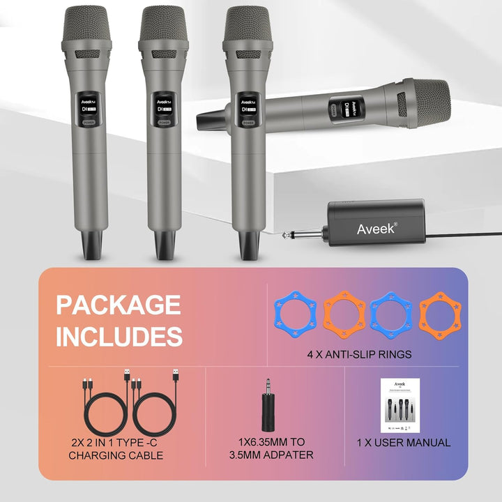 Aveek Funkmikrofon 4er Set, Professionelle Kabelloses Karaoke Mikrofon Set, Wiederaufladbar mit USB-