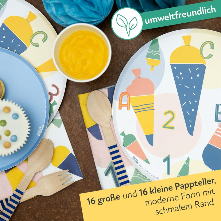 PARTY PARTY 80 Teile Einschulung Deko Set Geschirr + GESCHENKTÜTEN Schulanfang 16 Gäste (Pappbecher,