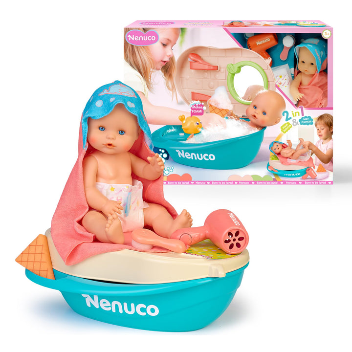 Nenuco Bad mit Blasen, Puppe 35 cm mit festem Körper und magischem Haar, mit Zubehör 2-in-1: Badewan