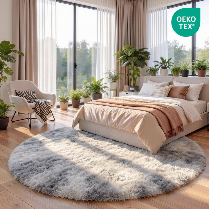Teppich Rund Wohnzimmer 150 cm Hellgrau Schlafzimmer Hochflor-Teppich Waschbarer Anti-Rutsch Weicher