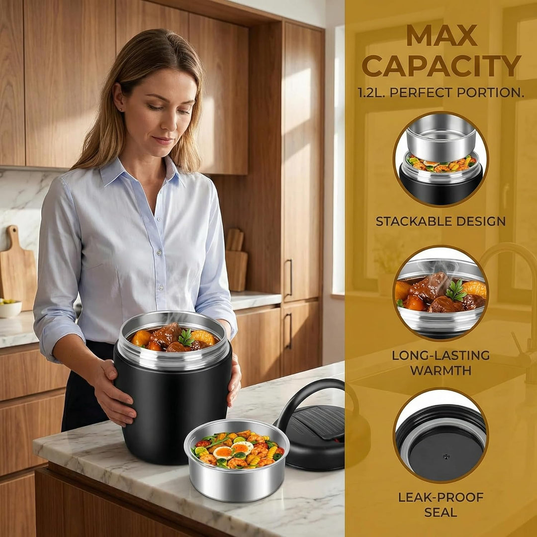Thermobehälter für Essen 1200ml Warmhaltebehälter Essen to go mit Tasche & Löffel Thermo Speisebehäl