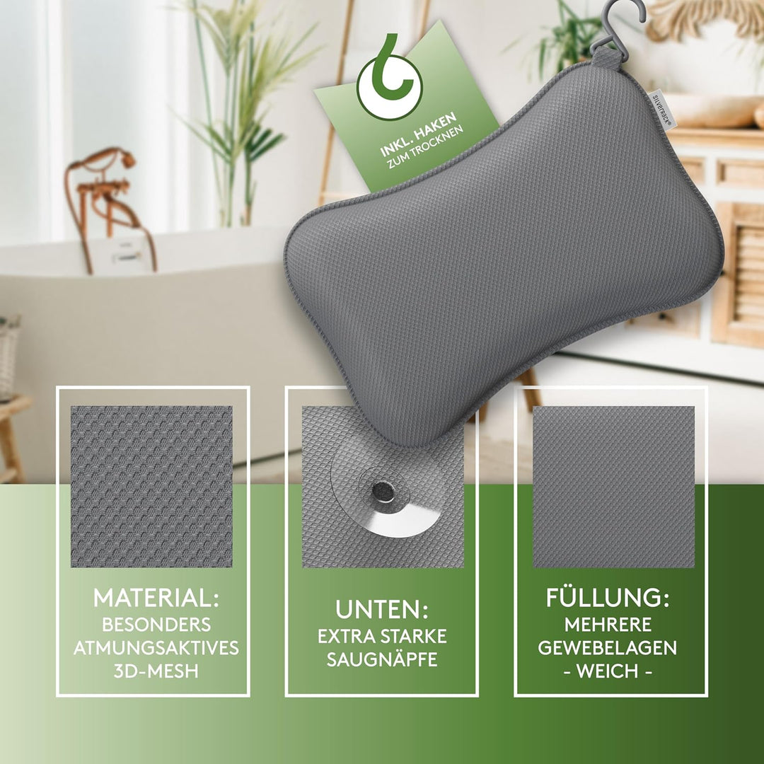 Premium Badewannenkissen Grau - Badekissen für Badewanne - Kissen Badewanne mit Saugnäpfen - Nackenk