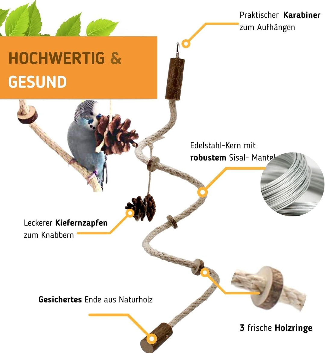 Vogelgaleria® handgemachtes Wellensittich Spielzeug | Kletterspirale mit Natur Knabberringen für Vög