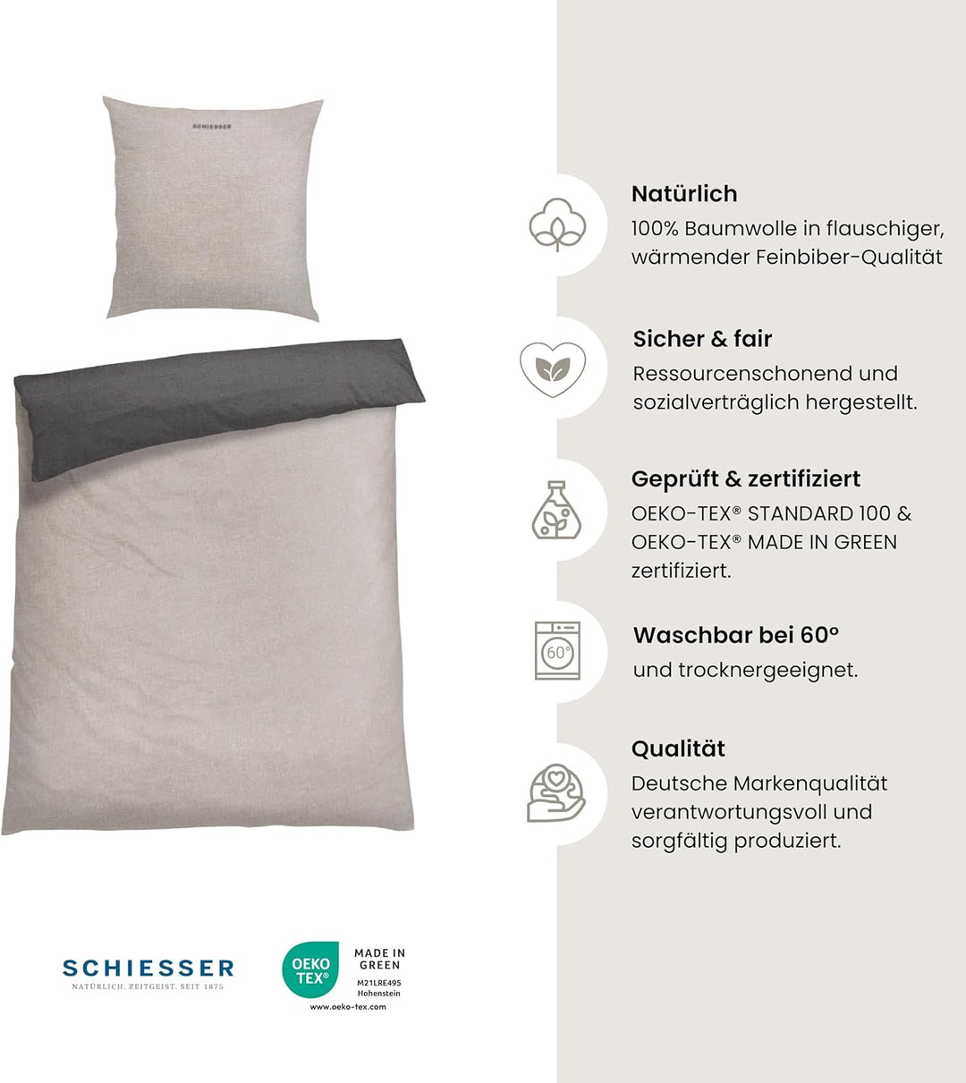 Schiesser Feinbiber Wendebettwäsche Doubleface, 100% Baumwolle, Farbe:Silber, Grösse:155 cm x 220 cm