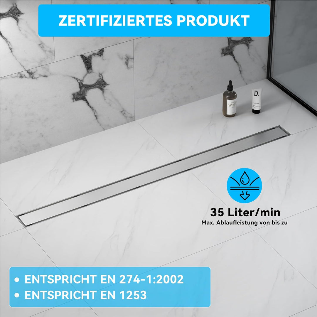 Duschrinne 80 cm, Befliesbare Edelstahl Extra Flach Duschablauf, Bodenablauf Dusche Komplettset inkl