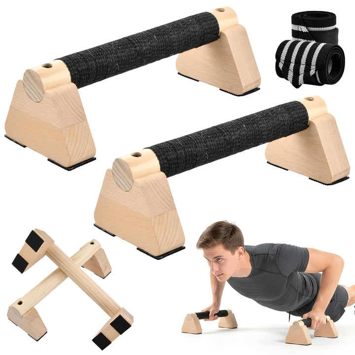 Liegestützgriffe Holz mit Handgelenkbandagen, 2 Stück 25cm Push Up Bars, Gelenkschonende Parallettes