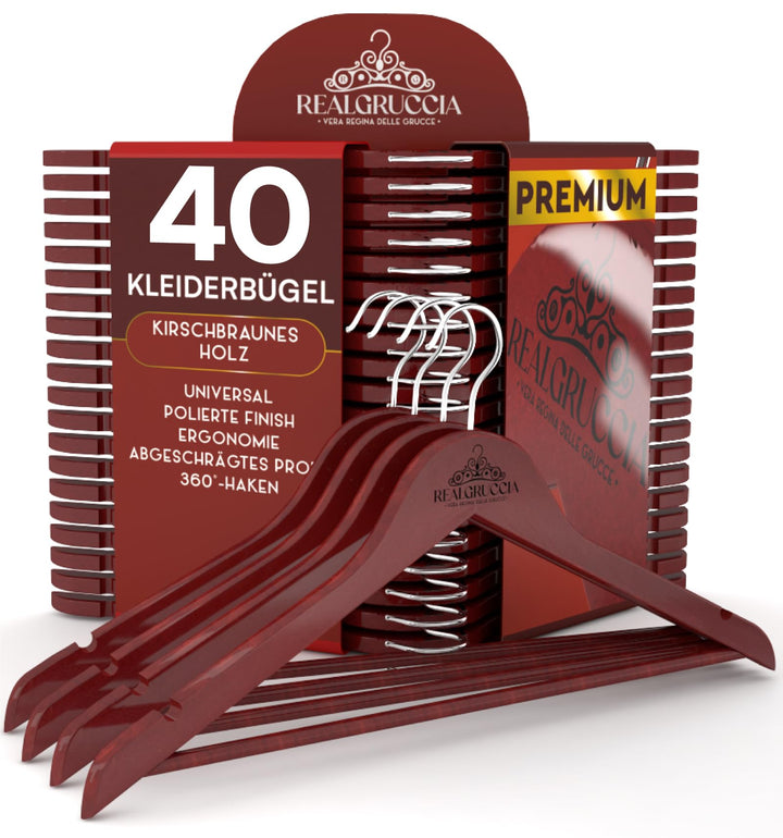 40 Kleiderbügel aus Holz Anti-Rutsch-Einkerbungen Holzbügel 22x45cm Farbe Kirsche - RealGruccia Hose