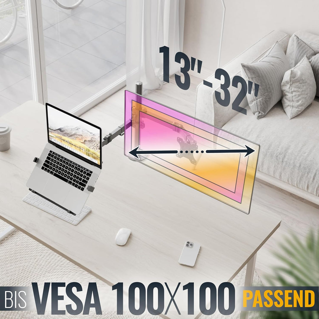 RICOO Monitorhalterung mit Laptop Arm Monitor Halterung Tisch Höhenverstellbar für 13-29 Zoll VESA T
