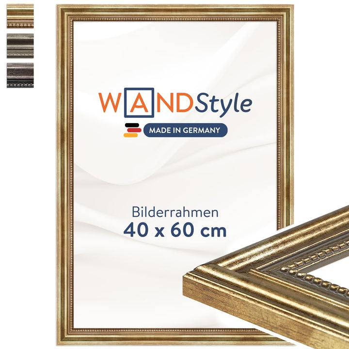 WANDStyle Bilderrahmen Antik 40x60cm I Farbe: Gold I Holzbilderrahmen I Fotorahmen I Goldener Barock