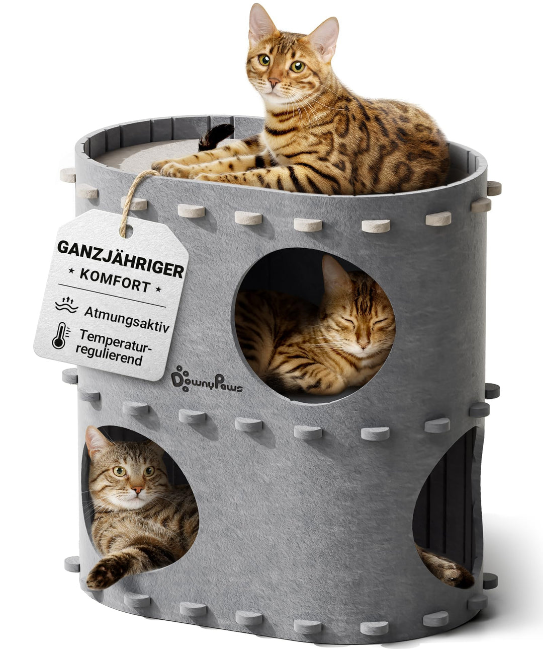 DownyPaws Katzenhöhle aus Filz, 2-stöckige Katzenbett, 50 x 33 x 50 cm Schloss Katzenhaus zum Spiele