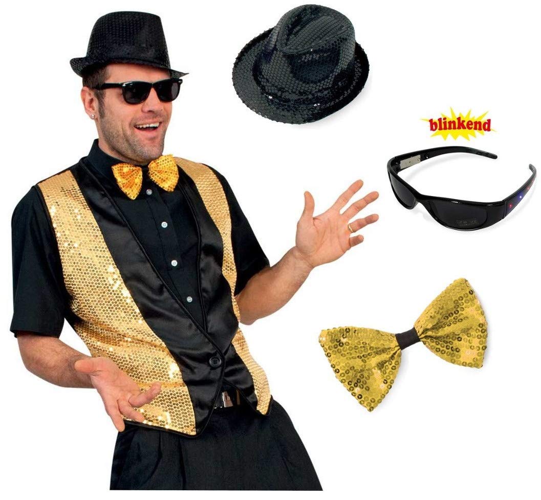 KarnevalsTeufel Kostüm - Set für Herren Pailletten, 4 TLG. Weste, Hut, Brille und Schleife | Grösse