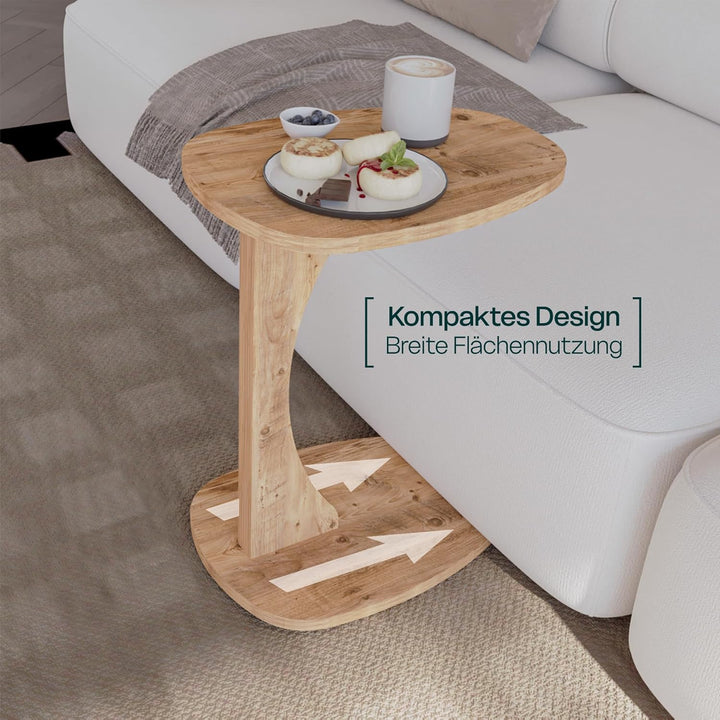 Beistelltisch Couch mit Rollen, Kleiner Beistelltisch C-Form, Sofatisch in stylischer Holz-Optik, Kl