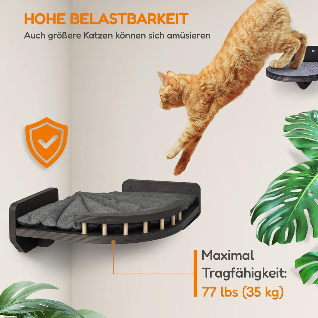 Kletterwand Katzen mit Katzenbett und 3X Katzentreppe Wand [Birkenholz] I Kratzbaum Wand I Hängematt