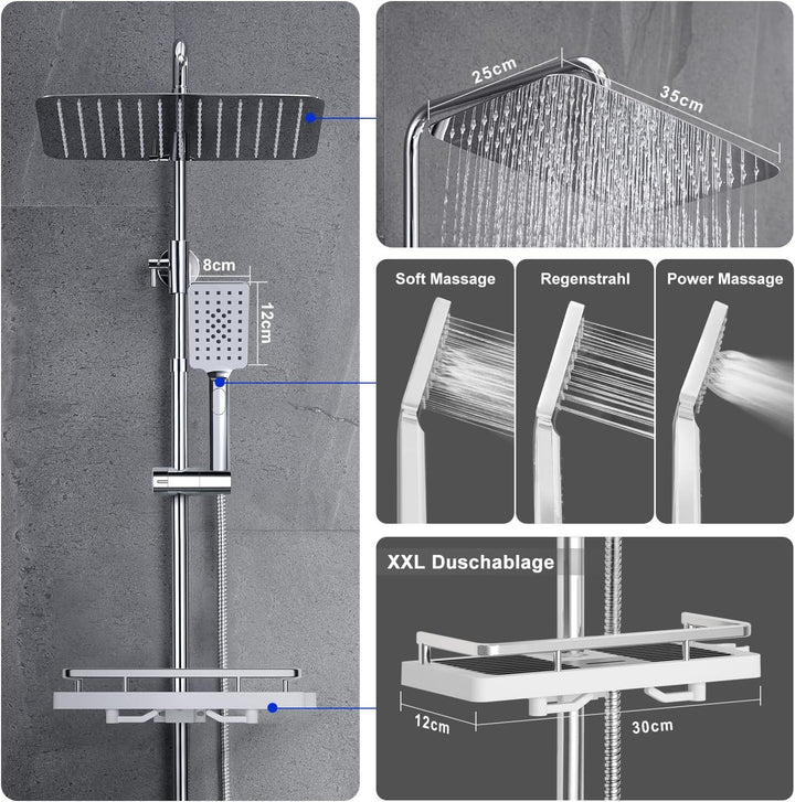 JOHO Regendusche Duschsystem ohne Duscharmatur Chrom Duschset mit Ablage, Duschkopf, Duschstange, Du