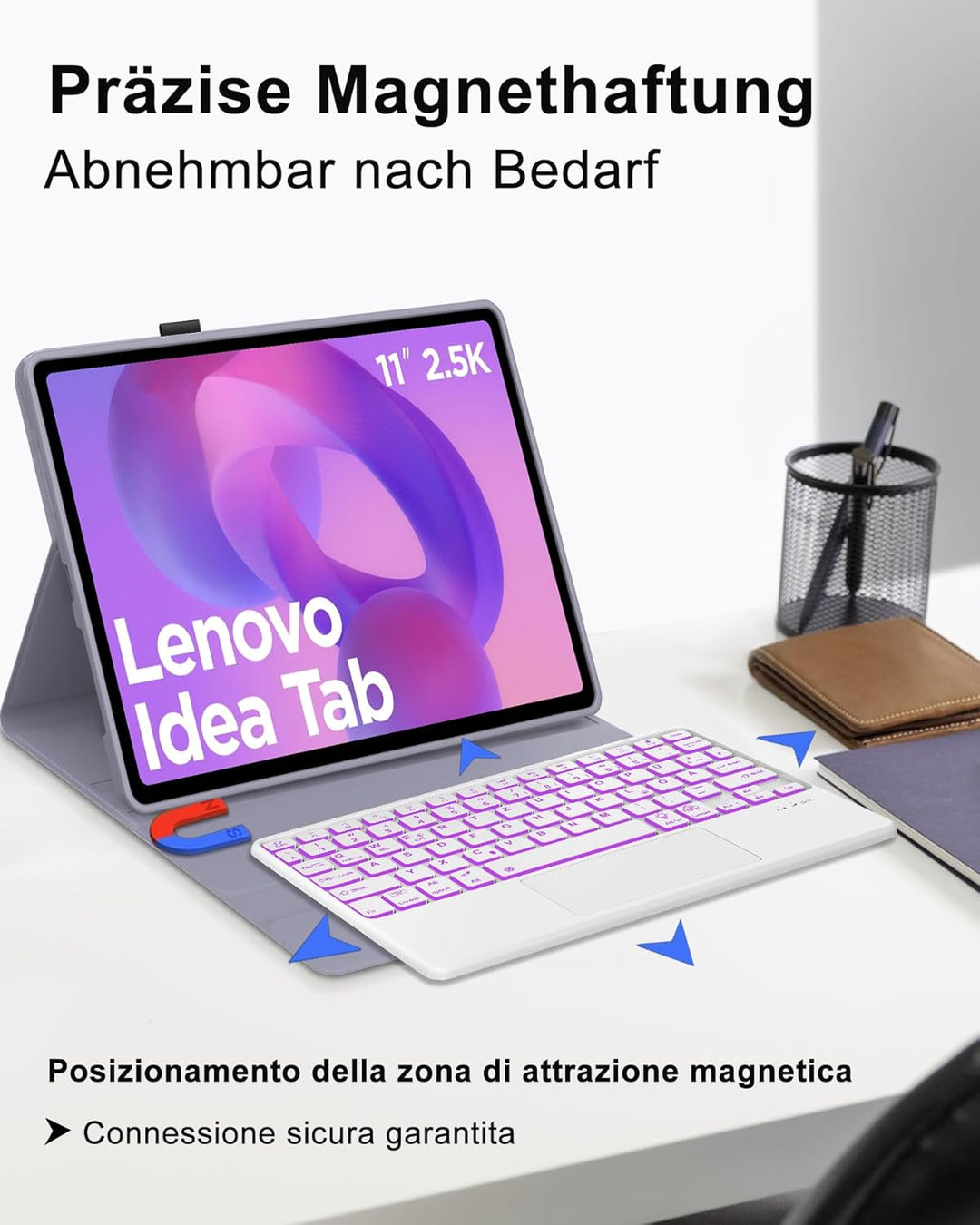 11 Zoll Bluetooth Tastatur Hülle für Lenovo Idea Tab 11, Deutsch QWERTZ mit 7-Farben Licht und Touch